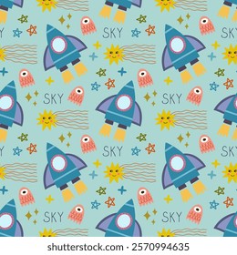 Space, rocket, planet, black hole, satellite, stars seamless pattern, vector background. Ideal for fabric, textile, baby bedding, wallpaper, pajamas. Scandinavian style.