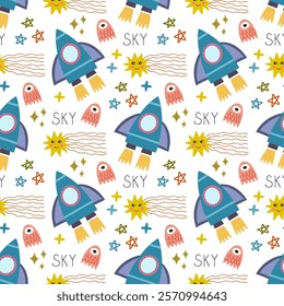 Space, rocket, planet, black hole, satellite, stars seamless pattern, vector background. Ideal for fabric, textile, baby bedding, wallpaper, pajamas. Scandinavian style.