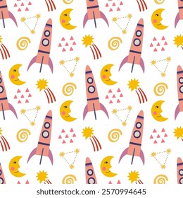 Space, rocket, planet, black hole, satellite, stars seamless pattern, vector background. Ideal for fabric, textile, baby bedding, wallpaper, pajamas. Scandinavian style.