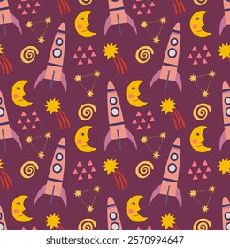 Space, rocket, planet, black hole, satellite, stars seamless pattern, vector background. Ideal for fabric, textile, baby bedding, wallpaper, pajamas. Scandinavian style.