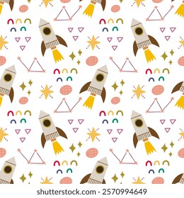 Space, rocket, planet, black hole, satellite, stars seamless pattern, vector background. Ideal for fabric, textile, baby bedding, wallpaper, pajamas. Scandinavian style.