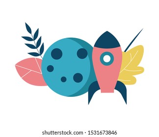 Space rocket and planet, moon, satellite. Icon on the theme of astronomy, the study of astronomy at school. Flat vector illustration.