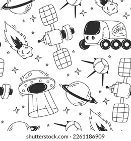 Concepto de patrón de doodle sin fisuras del planeta de cohetes espaciales. Ilustración del diseño gráfico del vector 