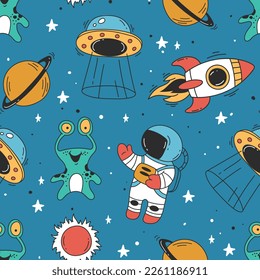 Space rocket planet seamless doodle pattern concept. Vector graphic design illustration 