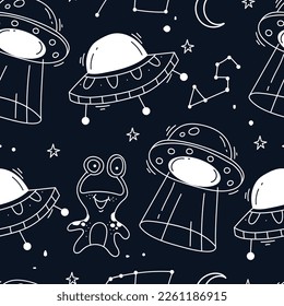 Space rocket planet seamless doodle pattern concept. Vector graphic design illustration 