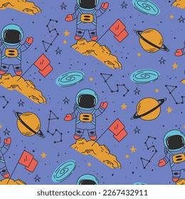 Space rocket planet seamless doodle pattern concept. Vector graphic design illustration