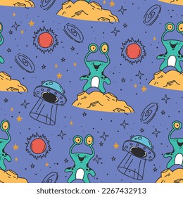 Space rocket planet seamless doodle pattern concept. Vector graphic design illustration