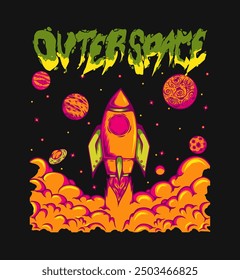 Space Rocket and Planet Themed Illustration Design for T-shirt print, Poster, Streetwear, totebag, and other