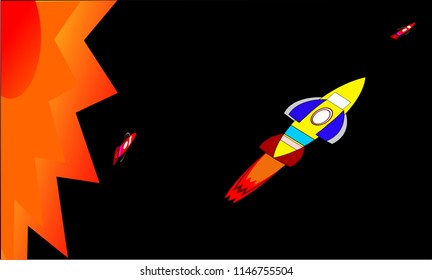 Space rocket, planetary sun and world mercury, scientific vector accompanying skies in the sky. For elementary school students or simple explanations. Compose an interesting page book.