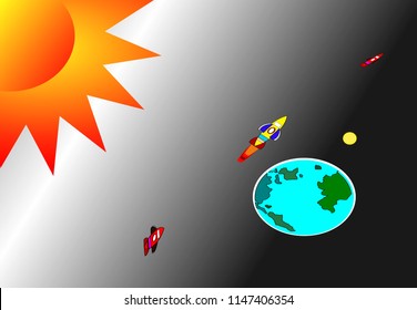 Space rocket, planetary sun and world mercury, scientific vector accompanying skies in the sky. For elementary school students or simple explanations. Compose an interesting page book.