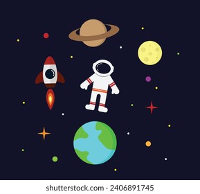 Space Rocket Planets and Astronaut Flat Style. Cosmos travel and scientific exploration topic vector