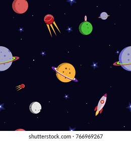 Space. Rocket. Planets and stars in a flat style. Seamless pattern.