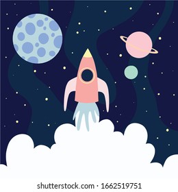 Espacio con cohetes y planetas con estrellas. Ilustración vectorial. Plano y simple