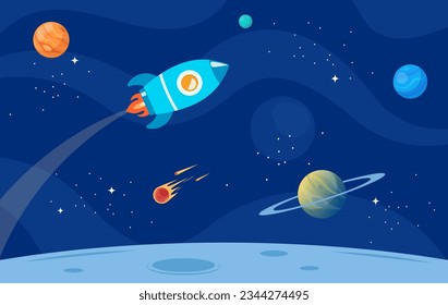 Space with rocket, planets and stars. Vector Illustration Of Space