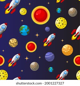 Space rocket and planets systems seamless pattern. Flat style illustration.