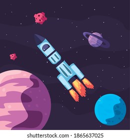 space rocket with planets in universe scene vector illustration design