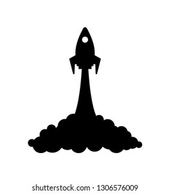 Space rocket project startup symbol, spaceship or shuttle with illuminator. Spacecraft or aircraft on start, silhouette vector isolated icon, lot of smoke