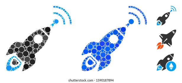 Space rocket radio translation composition of filled circles in various sizes and shades, based on space rocket radio translation icon. Vector filled circles are grouped into blue composition.