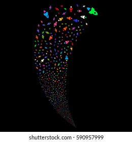 Space Rocket random fireworks stream. Vector illustration style is flat bright multicolored iconic symbols on a black background. Object fountain organized from scattered icons.