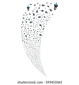 Space Rocket random fireworks stream. Vector illustration style is flat blue and gray iconic symbols on a white background. Object fountain combined from scattered pictograms.