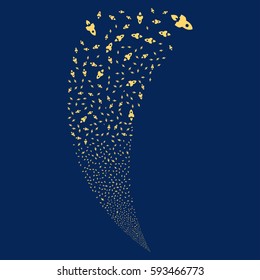 Space Rocket random fireworks stream. Vector illustration style is flat yellow iconic symbols on a blue background. Object fountain combined from scattered design elements.