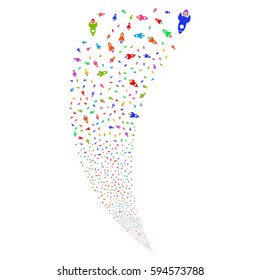 Space Rocket random fireworks stream. Vector illustration style is flat bright multicolored iconic symbols on a white background. Object fountain created from scattered design elements.