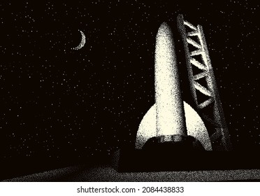 Space rocket ready to start on launching site. Spaceship takeoff countdown illustration with retro dotwork style