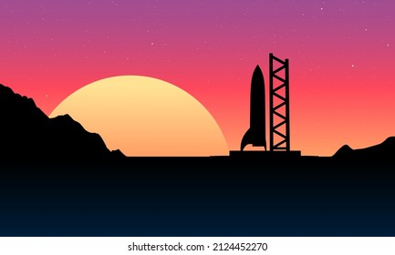 Space rocket ready to start on launching site. Spaceship silhouette takeoff countdown on the sunset illustration