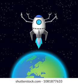 space rocket or robot launch to the night sky, earth, and smoke on background.
