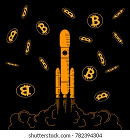 The space rocket rushes up, after the start. Crypto currency is bitcoin around the rocket. The growth rate of the crypto currency. Vector illustration on a black background