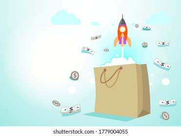 Cohetes espaciales arrancando de la bolsa de sueños Lanzados para el éxito de negocios, Concepto de empresa de start up, ilustración vectorial