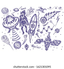 space with rocket and satellite