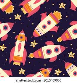 Space rocket seamless pattern in cartoon style. Cute retro illustration for kids design. Vector pattern. Bright backdrop for textile, wrapping paper, greeting cards or posters for kindergarten