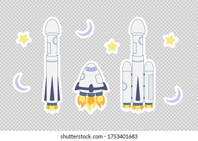 Space rocket set. Three modern reusable spacecrafts. Cartoon sticker style. Flat vector illustration isolated on white background.