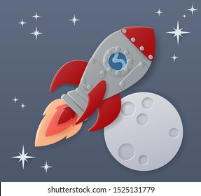 A space rocket ship in cartoon paper craft style flying in front of a moon