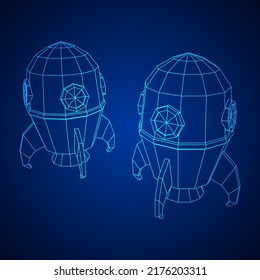Space Rocket Ship. Concept of business product on a market. Wireframe low poly mesh vector illustration