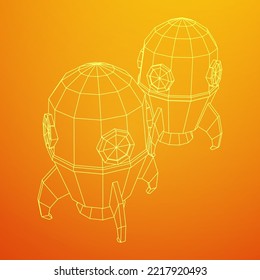 Space Rocket Ship. Concept of business product on a market. Wireframe low poly mesh vector illustration