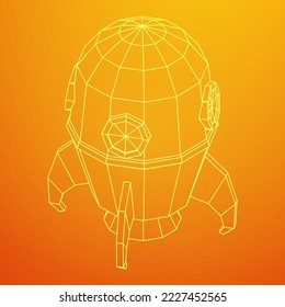 Weltraumraketenschiff. Konzept der Business-Produkte auf einem Markt. Wireframe Low-Poly-Mesh, Vektorgrafik