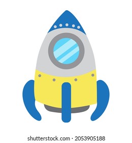 Space rocket ship, cute illustration in cartoon flat style. Business startup idea. Space flight, spaceship. Shuttle, UFO ship. Print for children books, clothes, bedroom decor, stickers, textile