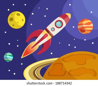 Space rocket ship flying in space with planets and stars on background print vector illustration