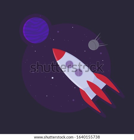 Space rocket ship into open space. Startup sucess concept. Stock vector illustration in flat style.