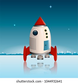 A space rocket the ship stands on ice against the backdrop of the mountains and the starry sky. Vector illustration.