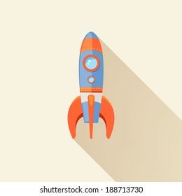 Space rocket ship start cartoon futuristic travel emblem with stars on background vector illustration