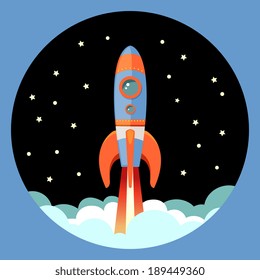 Space rocket ship start cartoon futuristic travel emblem with stars on background vector illustration