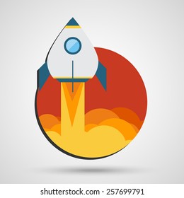 Space rocket ship start cartoon emblem isolated