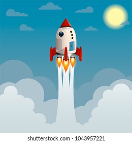 The space rocket ship starts and takes off into the sky and space. A lot of smoke. In the background blue sky, clouds and sun. Vector illustration.
