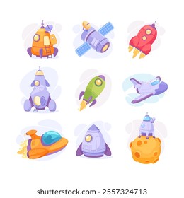 Space Rocket and Shuttle for Cosmos Exploration Vector Set