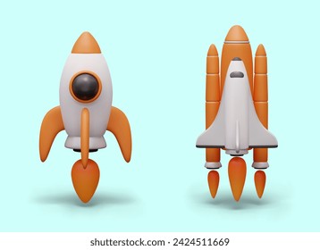 Space rocket and shuttle fly up. Vehicles for space travel. Launch into sky