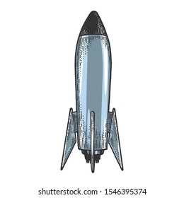 Space rocket sketch engraving vector illustration. T-shirt apparel print design. Scratch board style imitation. Black and white hand drawn image.