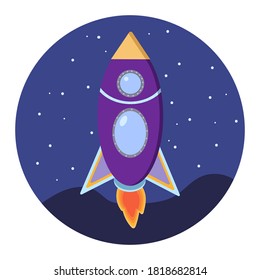 Space rocket in sky with stars. Cosmos and technology icon concept. Flat design vector illustration for banner, poster. Isolated on white background.